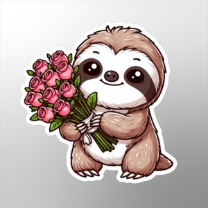 Adesivo bradipo che tiene delle rose, divertente, adesivo bradipo, adesivo bradipo carino, stravagante, adorabile, animale giocoso, alla moda, adesivo diario, fiori