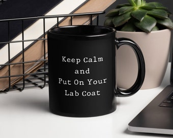 Grappige wetenschapsmok, apothekerscadeau, Keep Calm laboratoriumjas, zwarte glanzende mok