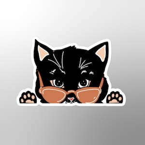 Peeking black cat with sunglasses sticker, kitty, trendy, animal, cat lady, pet lover, feline, cool, cartoon, peekaboo, laptop, notebook