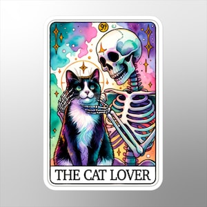 Tarot Card Sticker, Cat sticker, Cat Lover, Skeleton and Black Cat, Bones, witchy, gothic, mystical, witchcraft, tarot deck, cat art, gift