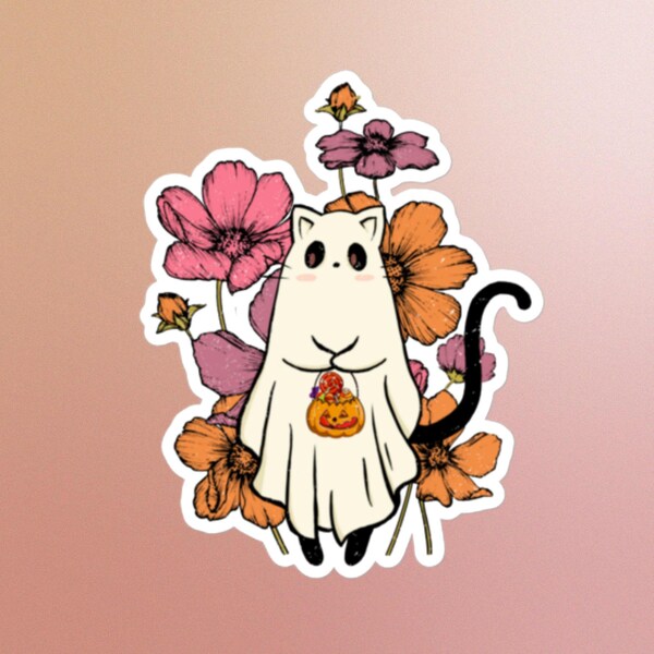 Funny Cat ghost sticker, Halloween, Fall, Flowers, pumpkins, colorful, black cat, kitty, trick or treat, laptop, haunted, silly, adorable