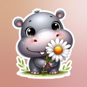 Adesivo ippopotamo, carino, margherita, fiori, ippopotamo, arte animale, adorabile, decorazione floreale giocosa, stravagante, allegro ippopotamo e fiore, regalo
