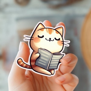 Pegatina de gato, gato leyendo, divertido, lindo y adorable, pegatina de Kindle, felino literario, gato ratón de biblioteca, gatito inteligente, caprichoso, compañero de lectura