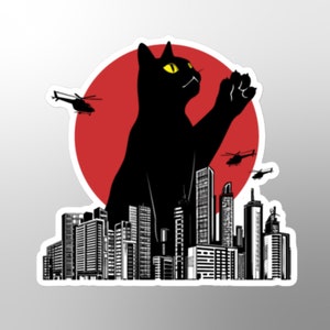 Catzilla sticker, godzilla, cats, kitty, big buildings,helicoptors, skyline, chaos, cat lady, funny, giant, fantasy, cat attack,playful,gift image 1