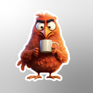 Sticker poulet drôle, sans café, d'humeur, idiot, tasse à café, matin, émotif, plumes, oiseau, ferme, basse-cour, accro au café, poulailler, poussin