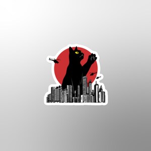 Catzilla sticker, godzilla, cats, kitty, big buildings,helicoptors, skyline, chaos, cat lady, funny, giant, fantasy, cat attack,playful,gift image 4