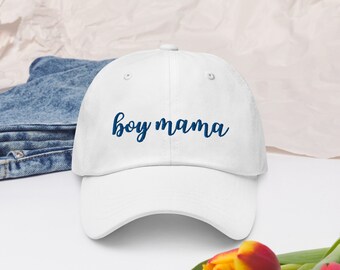 Boy Mama, Dad hat, blue embroidery, new mom, motherhood, fashion, embroidered mom cap, stylish, mom life, chic parenting, cute mom hat, gift