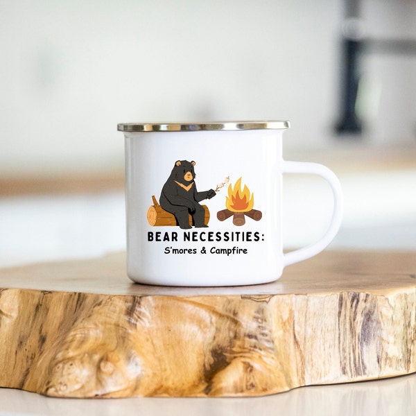 Bear Necessities: S'mores & Campfire, camping mug, Enamel Mug, funny, 12oz, outdoors, wilderness adventure, campsite essentials, camper gift