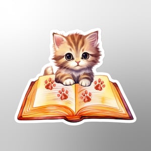 Katze und Buch Sticker, niedlich, Leseratte, Pfotenabdrücke, lesende Katze, bezaubernd, Buchliebhaber Geschenk, Kätzchen mit Buchkunst, Planer, Tagebuch, Leseecke