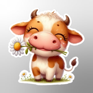 Adesivo mucca carina, sciocco, mucca che tiene una margherita, mucca e fiori, adesivo animali da fattoria, fattoria sana, mucca adorabile, bovino giocoso, opera d'arte, regalo