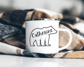 Personalized Bear Enamel Camp Mug, Camping gift for Hiker, dad, nature lovers