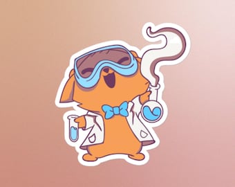 cat in lab coat sticker, experiment, chemistry, silly, kitty, safety glasses, flasks, funny, teacher, laptop, notebook, science lab, gift