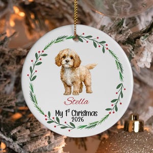 Adorno navideño personalizado de Cavapoo para la primera Navidad de 2026, adorno de cerámica personalizado para perro.