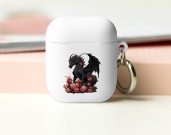 Rubber Case for AirPods®, Dragon, Roses, floral, black dragon, strong, wings, fantasy tech, mythical creature, dragon lover,rose garden,gift