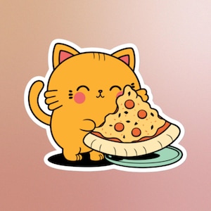 Adesivo gatto che mangia pizza, buongustaio, carino, salame piccante, formaggio, cibo italiano, amante del cibo, carino, adorabile, divertente, gattino, affamato, arancione, cena