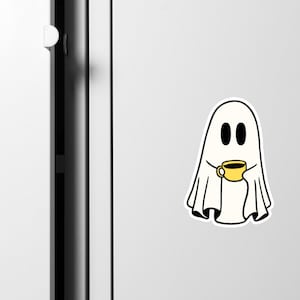 Ghost Refrigerator Magnet, ghost with coffee, silly, Halloween, creepy, cute, adorable, kitchen magnet, coffee lover gift,spooky magnet,gift