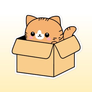 Cat in box sticker, playful, adorable, feline, whimsical, kitty, charming, cartoon, hide and seek, fun, box loving, cute cat, orange, gift