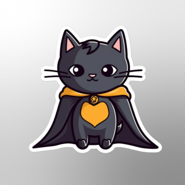 Cat cape sticker, funny black cat, cute cat, cat lovers gift, cat humor, costume, Halloween, Fall, Autumn, cartoon, pet humor, feline friend