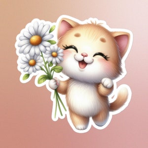 Gatto con fiori, margherita, fiori primaverili, gatto con margherita, gatto divertente, adesivo umoristico per animali domestici, gattino giocoso, gatto e fiori stravaganti e divertenti