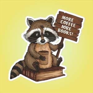 Pegatina divertida de mapache, amante de los libros, amante del café, leer más libros, tonto, pegatina de animal, lindo, mapache lector, regalo de ratón de biblioteca, planificador, regalo