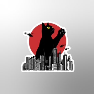 Catzilla sticker, godzilla, cats, kitty, big buildings,helicoptors, skyline, chaos, cat lady, funny, giant, fantasy, cat attack,playful,gift image 3