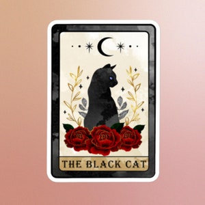 Zwarte kat tarotkaartsticker, Halloween, rode rozen, maan, donker, heksenvibes, gotisch, spiritueel, magisch, hekserij, poes, waarzeggerij