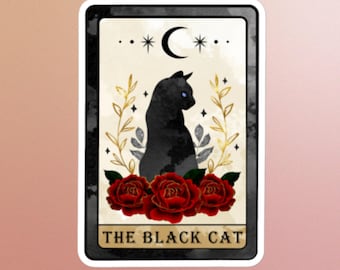 Black cat tarot card sticker, Halloween, Red Roses, moon, dark, witchy vibes, gothic, spiritual, magical, witchcraft, kitty, fortune telling