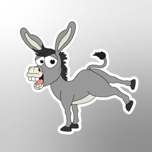 Sticker âne idiot, animal mignon, âne souriant, riant, enjoué, joyeux, humoristique, charmant, dessin animé, grandes dents, gloussement, sourire, cadeau