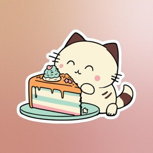 Sticker Chat avec gâteau, dessert, faim, glaçage, boulanger, bonbons, anniversaire, chaton heureux, adorable, amoureux des animaux de compagnie, festif, fête, dessin animé, cadeau