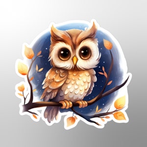 Herfstuilsticker, herfst, nachtelijke natuur, uil op boomtak, herfstgebladerte, nachtvogel, uil in maanlicht, seizoensgebonden bos, uilliefhebber