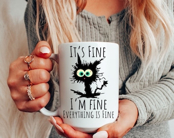 It's Fine I'm Fine Everything is Fine mok, grappig, gekke kat, gestrest, brutaal, humoristische beker, sarcastisch cadeau, grappige koffiemok, fijn en dandy