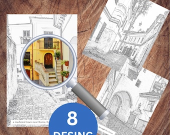 European Architecture Coloring Page, Grayscale Fantasy Streets (PDF)