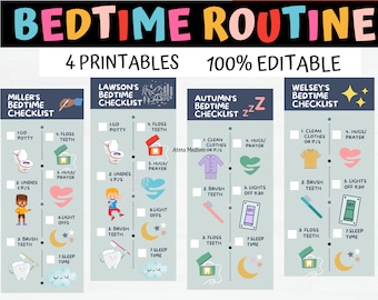 May include: Four printable bedtime routine checklists with illustrations of a toilet, pajamas, a toothbrush, floss, a light switch, and a moon. Each checklist has a different name at the top: Miller's, Lawson's, Autumn's, and Welsey's.