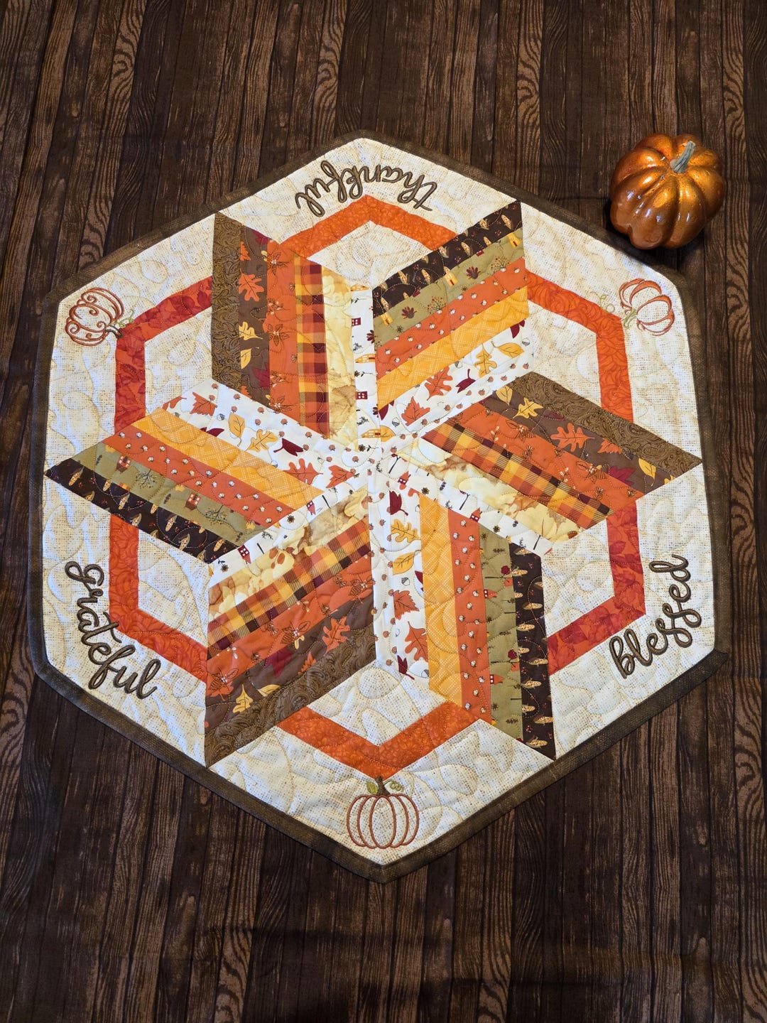 Fall Hexagon Quilted Embroidered Pumpkins Table Topper Runner - Etsy