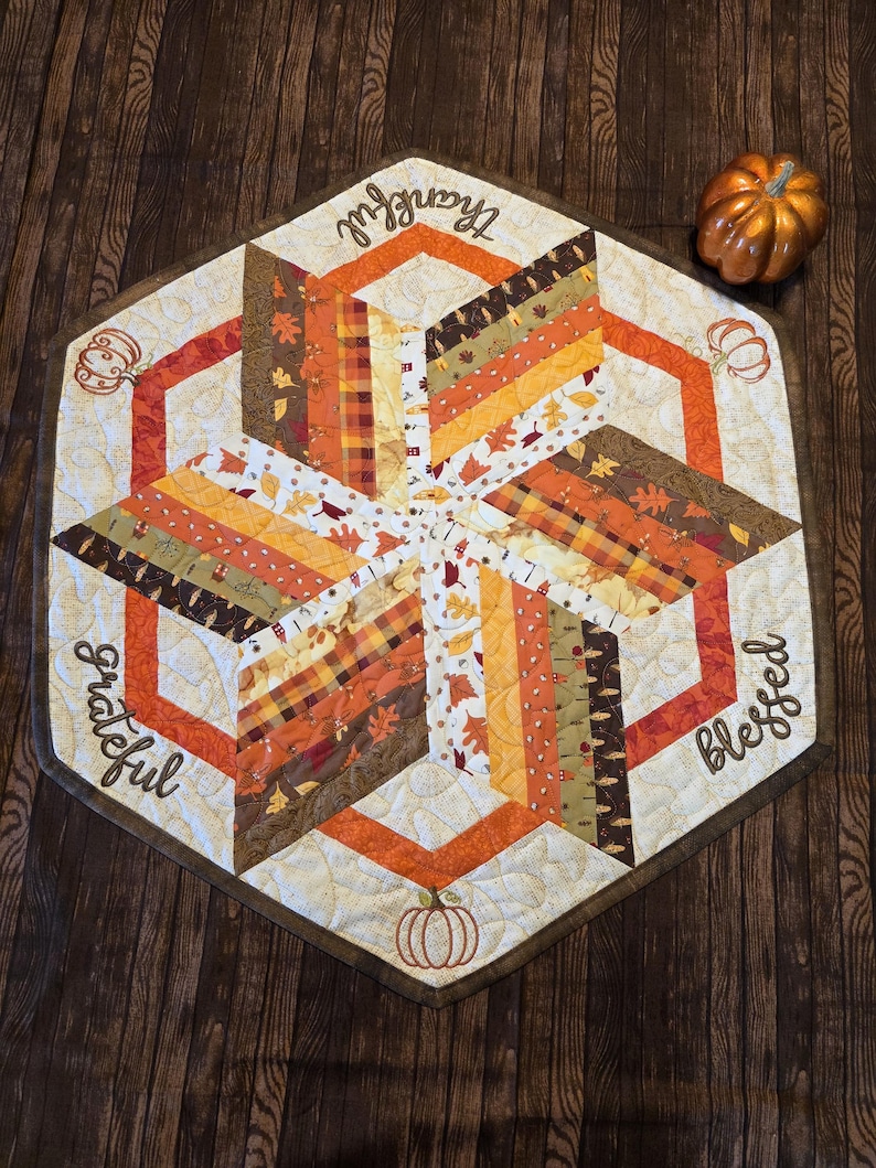 Fall Hexagon Quilted Embroidered Pumpkins Table Topper Runner - Etsy