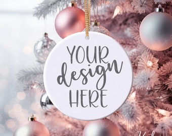 Christmas Ornament Mockup: White Ceramic Round Ornament (Digital Download)