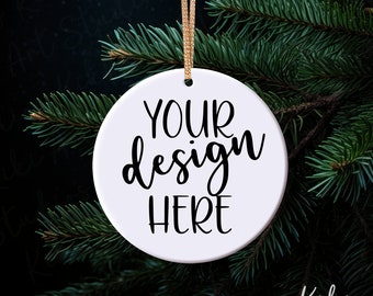 Christmas Ornament Mockup: White Ceramic Round (Digital Download)