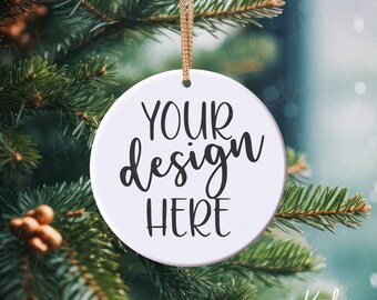 Christmas Ornament Mockup: White Ceramic Round (Digital Download)