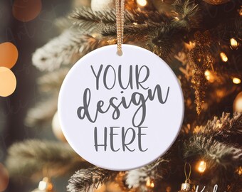 Christmas Ornament Mockup: White Ceramic Round (Digital Download)