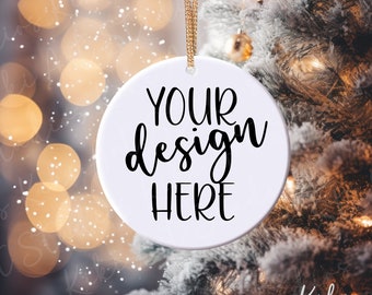 Christmas Ornament Mockup: White Ceramic Round (Digital Download)