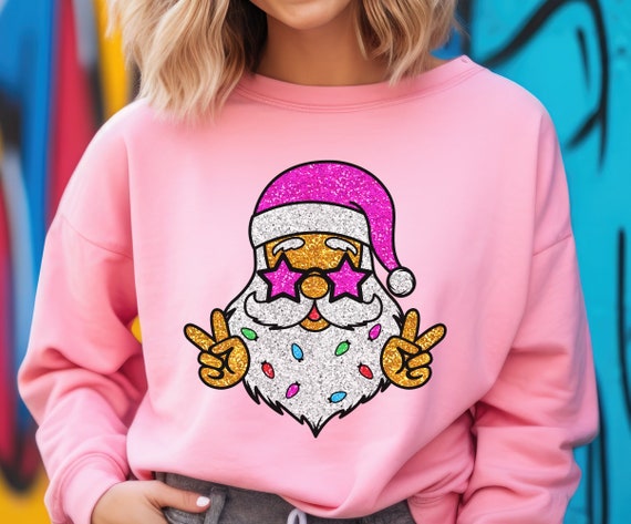Retro Santa PNG: Glitter Sunglasses, Peace Sign (Digital Download)