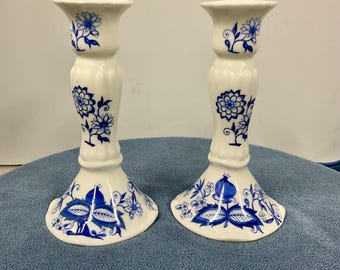 Vintage Vienna Woods Blu Onion Bone China Candlestick Set of 2