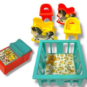 May include: A set of vintage plastic children's furniture, including a rocking horse, a high chair, a crib, and a changing table. The furniture is in bright colors, including yellow, red, blue, and green. The crib has a blue and white patterned mattress.