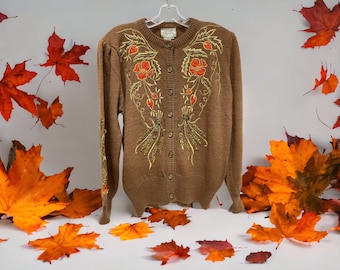 Vintage Christine Fall Theme Beaded Sweater, Brown, Size Medium