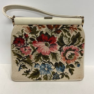 Vintage 1950's Carpet Bag, believed to be Nubby Floral by Julius Resnick,  in Cre