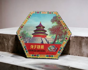 Rare Vintage Chinese Checkers Pagoda Box w/ Marbles