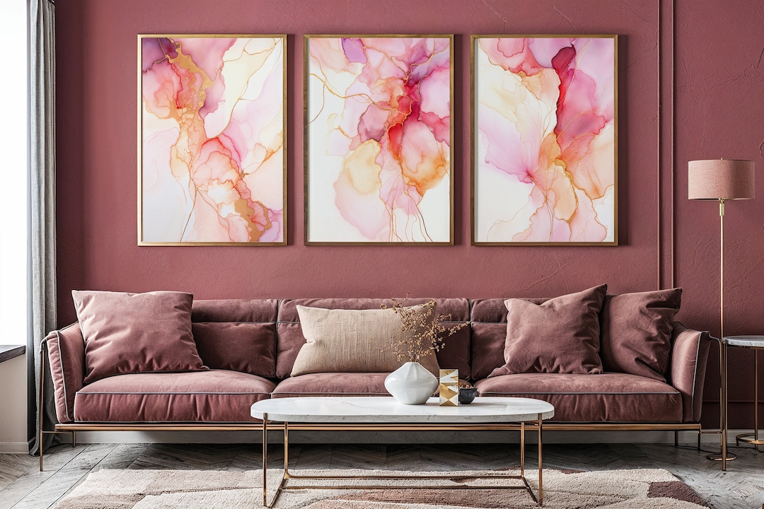 3-piece Pink and Gold Abstract Wall Art Set, Alcohol Ink Beige and Gold ...