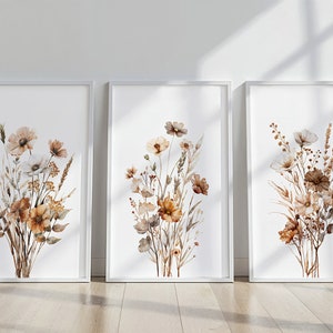 WildFlower Art Watercolour Set of 3 | Neutral Beige Botanical Boho Printable Wall Art | Minimalist Boho Wall Decor | PRINTABLE Floral Prints