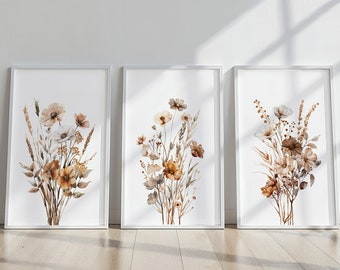 WildFlower Art Aquarell 3er Set | Neutral Beige botanische Boho druckbare Wandkunst | Minimalistische Boho-Wanddekoration | DRUCKBARE Blumendrucke