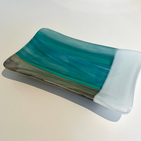 Handmade fused glass soap dish - coastal inspired strips of greens and blues with opal white and brown art glass. Lovely gift or present.